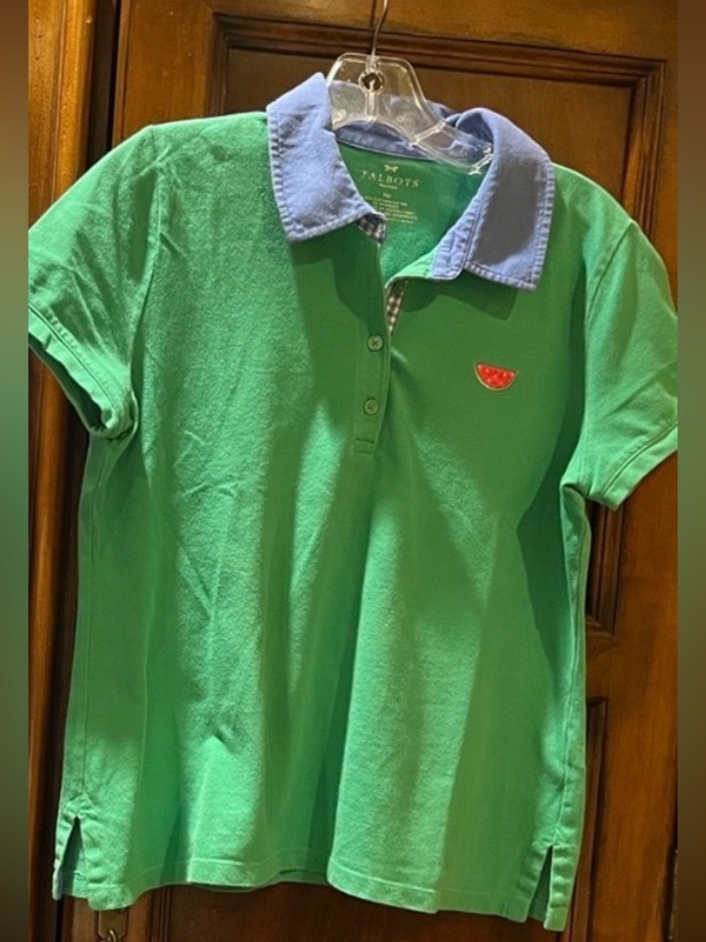 Green Polo Shirt with Blue Collar